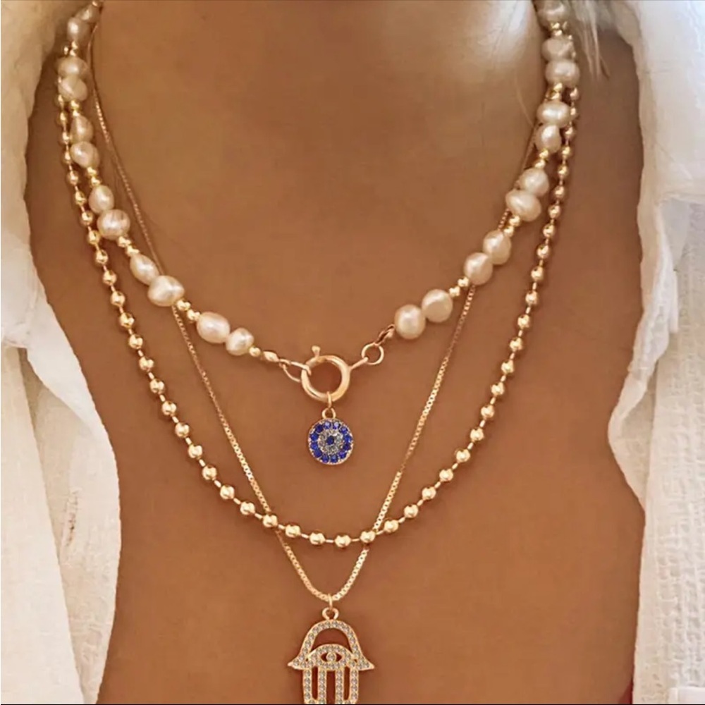 Gold and Cream Layered Necklace Set with Hamsa Pendant